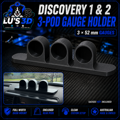 A black 3-pod dashboard gauge holder with three circular mounting slots, shown on a dark textured background with promotional text and a small inset photo of the product installed in a car dashboard. Brand logo 'Lu's 3D' is visible in the top left.