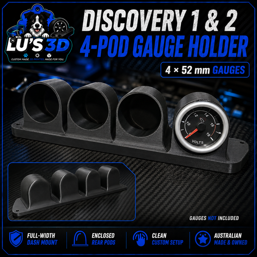 Black 4-pod gauge holder display stand with one pre-installed analog voltmeter, shown on a dark carbon-fiber-style background with promotional text and a Lu's 3D logo.