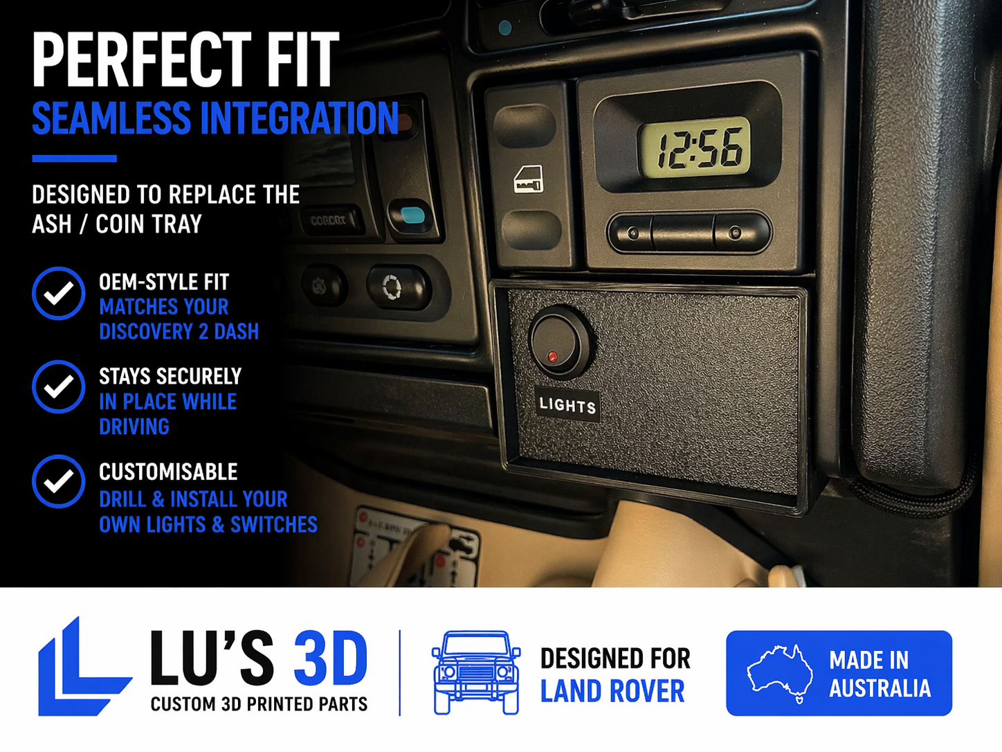 Car dashboard with digital display and text about a product designed for Land Rover, featuring Lu's 3D branding.