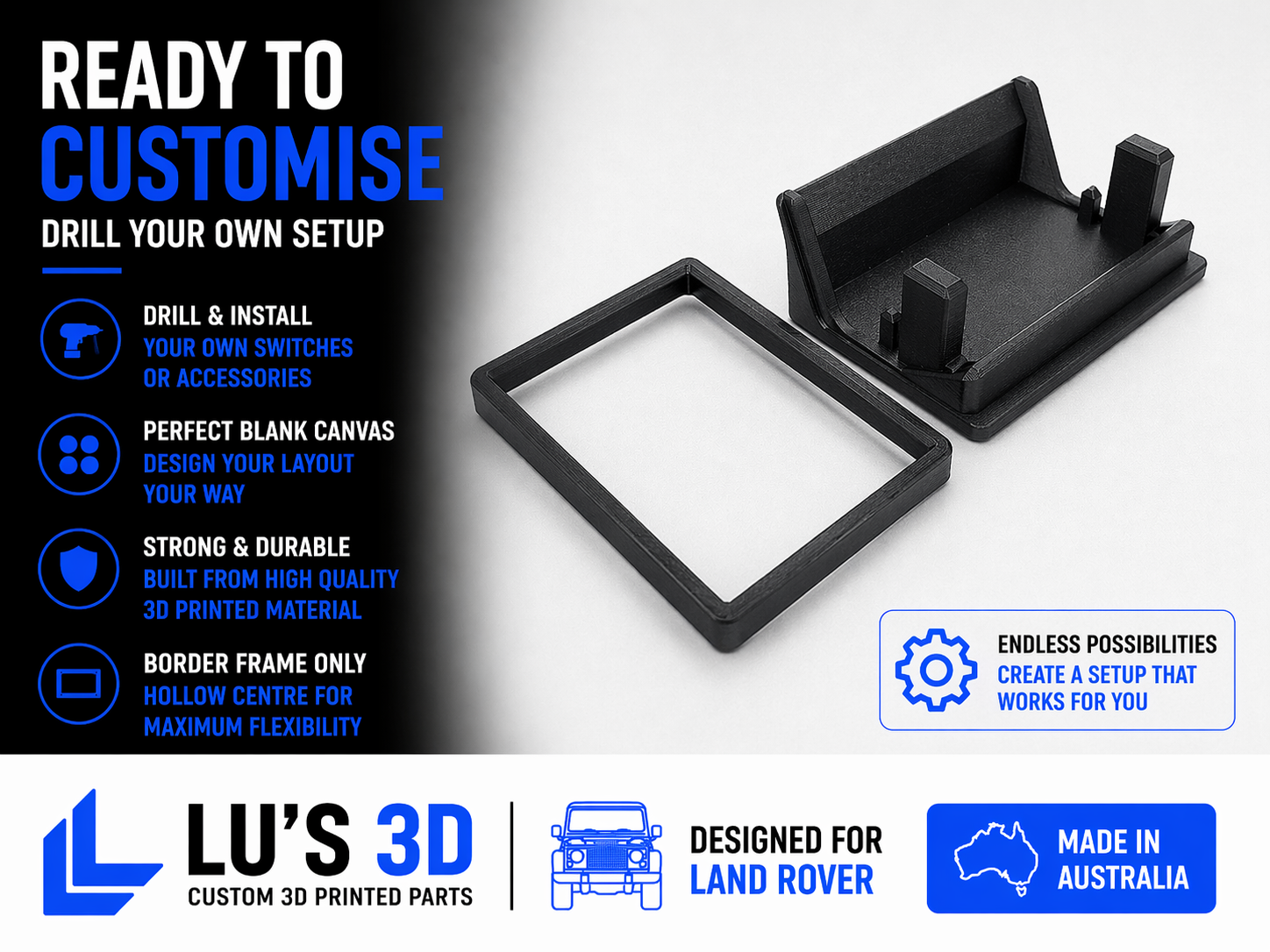 Black 3D-printed frame with customizable options on a white background, featuring Lés 3D branding.