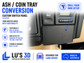 Car interior with ash/coin tray conversion kit and customization options.