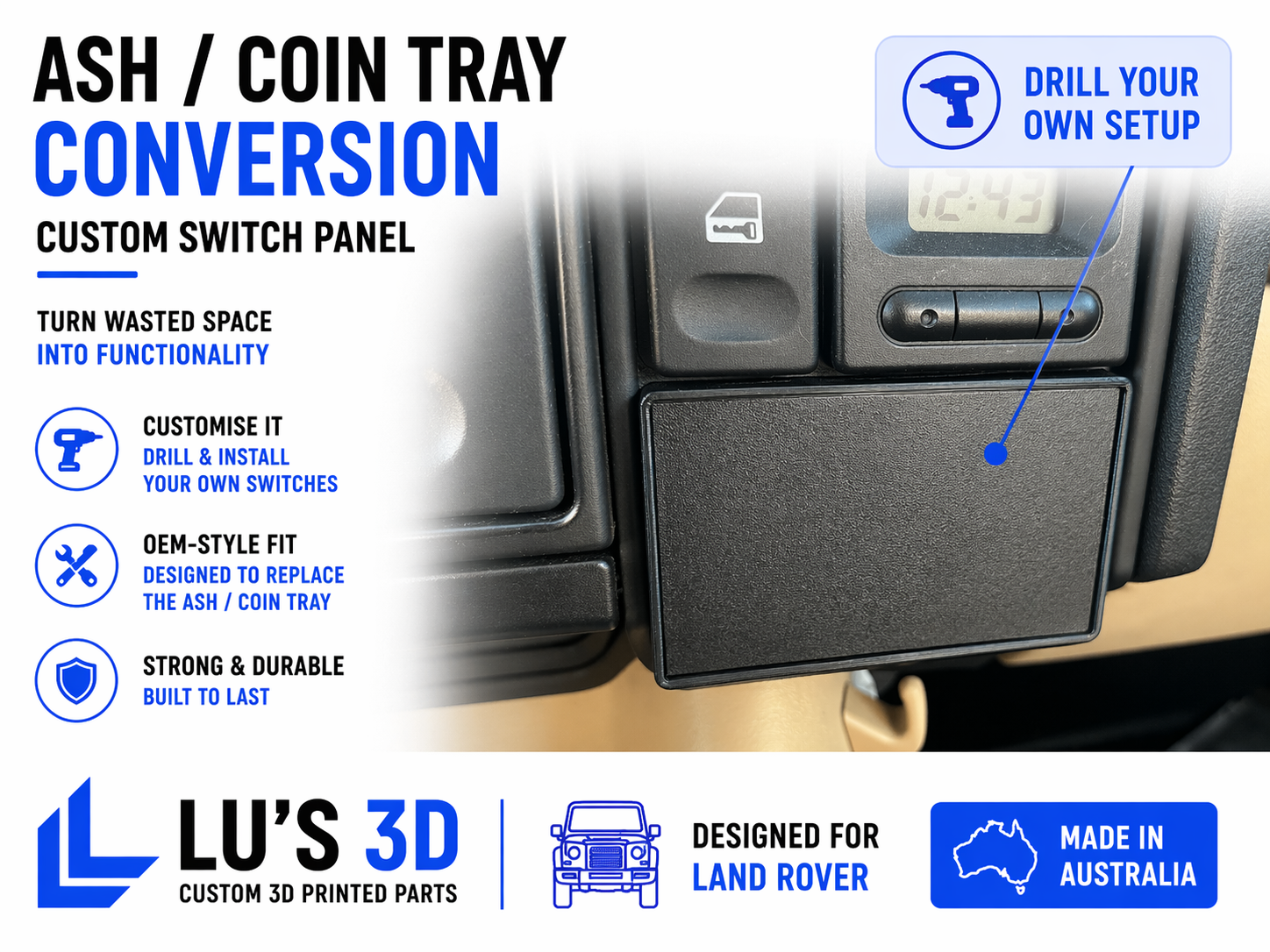 Car interior with ash/coin tray conversion kit and customization options.