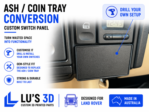 Car interior with ash/coin tray conversion kit and customization options.