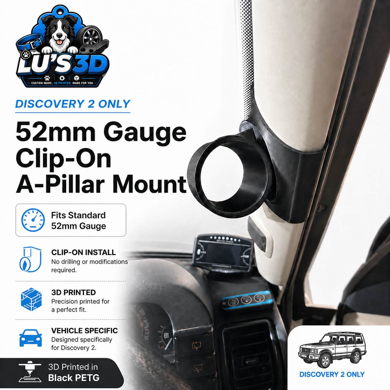 Discovery 2 A-Pillar 52mm Gauge Mount (Clip-On)