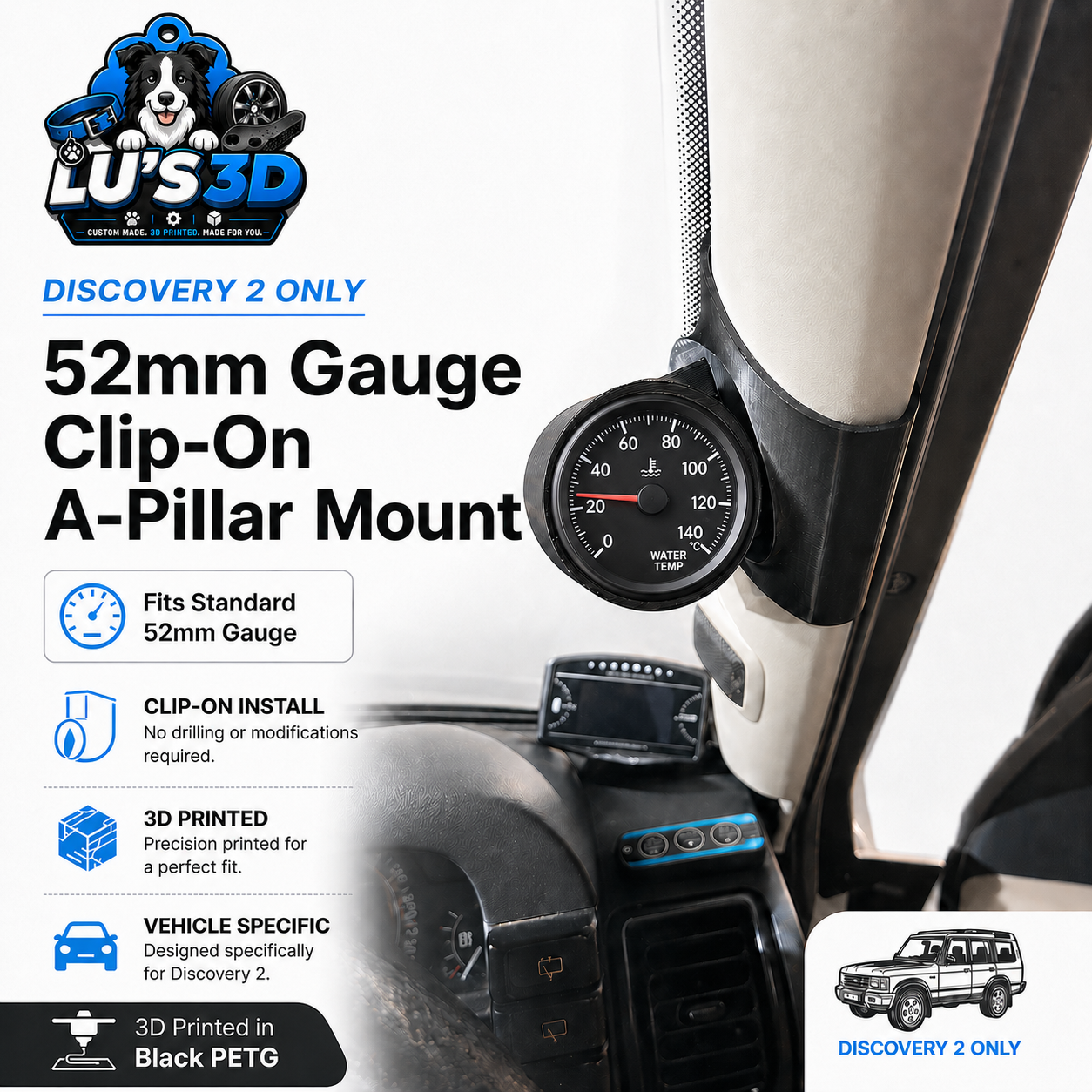 Discovery 2 A-Pillar 52mm Gauge Mount (Clip-On)