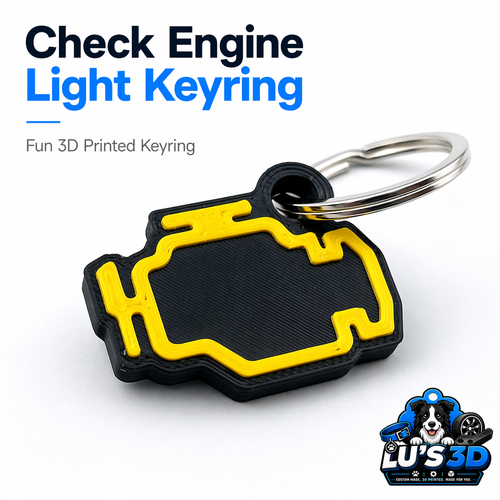 Check Engine Light keyring with black and yellow design on a white background, featuring LU's 3D logo.