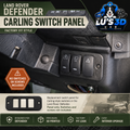 Land Rover Defender carling switch panel with Lu's 3D logo and product details.
