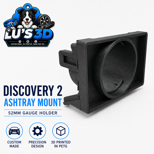 Discovery 2 ashtray mount with LU's 3D branding on a white background
