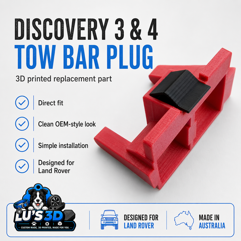 Red tow bar plug with black component on a white background, featuring text about product features and branding.