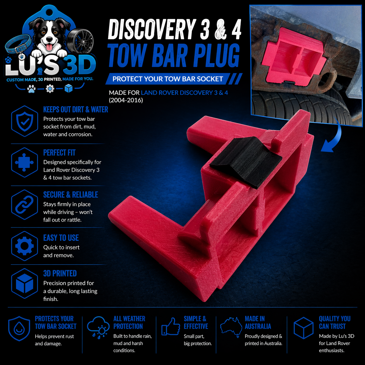 Red tow bar plug with black insert on a blue background, featuring text and branding.