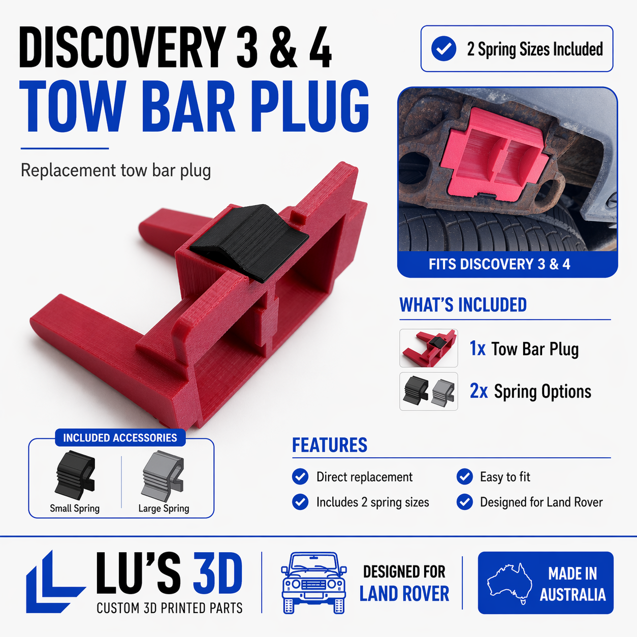 Red tow bar plug with black component, included accessories, and branding details on a white background