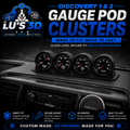 Four black analog gauge pods for a vehicle dashboard, shown mounted on a dark car console. The product is branded with Lu's 3D and Cabincrew, with promotional text highlighting 'Discovery 1 & 2 Gauge Pod Clusters' and feature badges at the bottom.