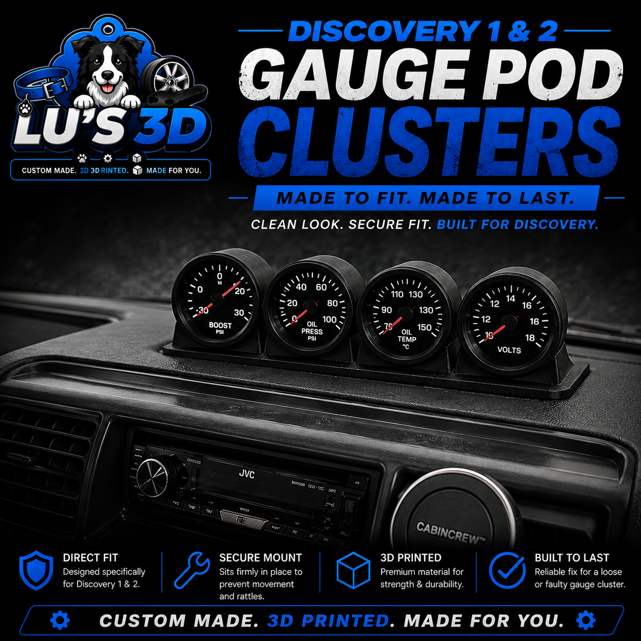 Four black analog gauge pods for a vehicle dashboard, shown mounted on a dark car console. The product is branded with Lu's 3D and Cabincrew, with promotional text highlighting 'Discovery 1 & 2 Gauge Pod Clusters' and feature badges at the bottom.