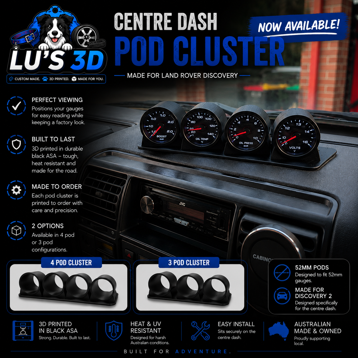 Promotional graphic for the Lu's 3D Centre Dash Pod Cluster, showing installed black dashboard gauges on a car console with feature callouts and cluster size options (3 and 4 pod cluster).