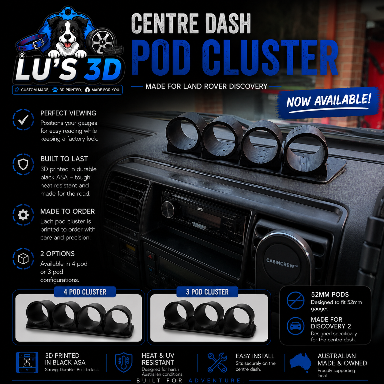 Promotional graphic for Lu's 3D custom 3D printed pod cluster adapters, showing a black car dashboard with two circular black adapters mounted above the radio. The graphic includes product specifications, installation benefits, and a 'Now Available' banner.