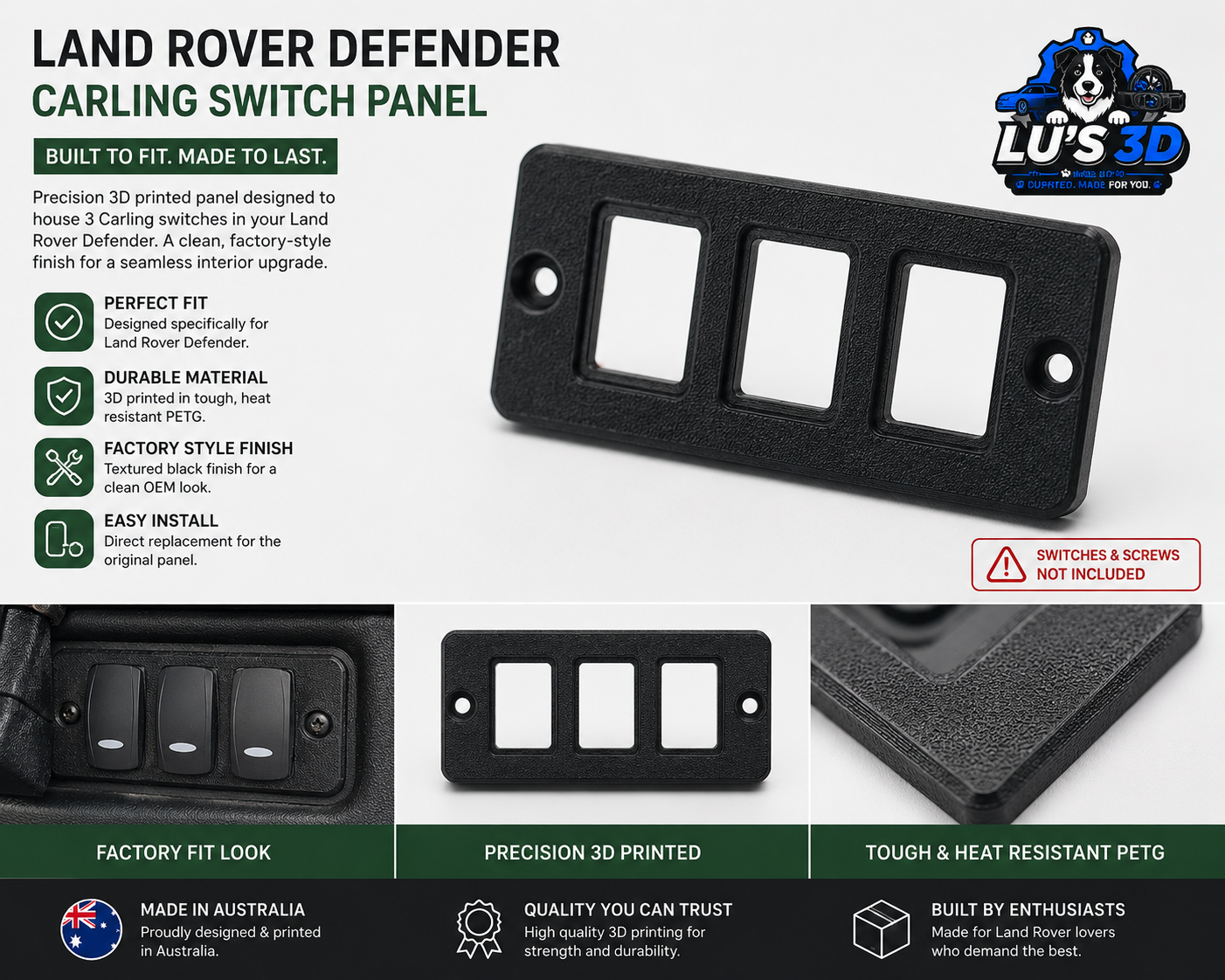 Land Rover Defender carling switch panel with product details on a white background