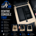 A promotional graphic for a pet car seat centre console tray by Lu's 3D. The image shows a beige pet car seat with the tray installed, open to reveal a black organizer insert.