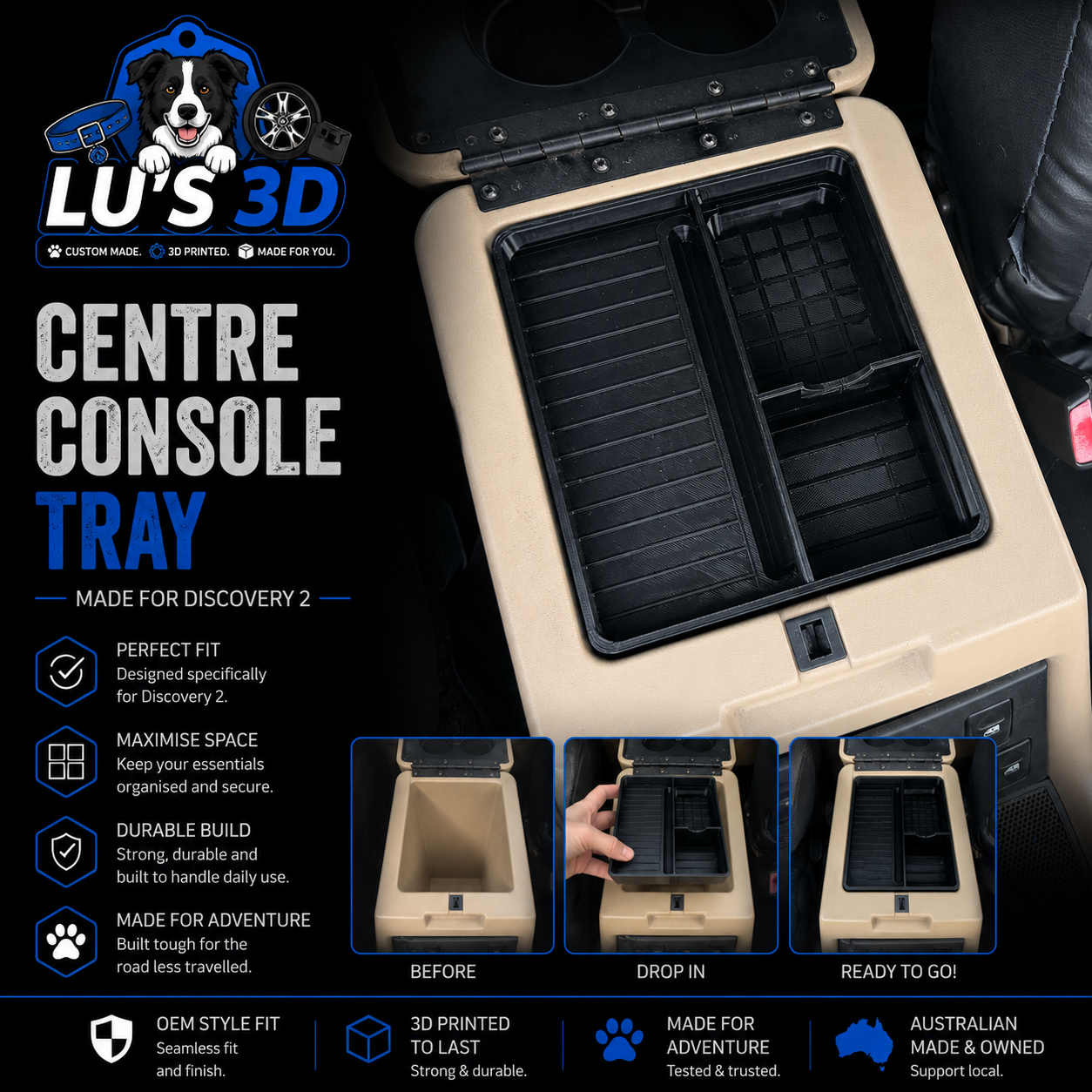 A promotional graphic for a pet car seat centre console tray by Lu's 3D. The image shows a beige pet car seat with the tray installed, open to reveal a black organizer insert.