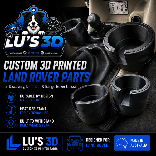 Custom 3D printed Land Rover parts by LU'S 3D, including a gear shift knob and cup holders, shown alongside a Land Rover dashboard interior and product feature callouts.