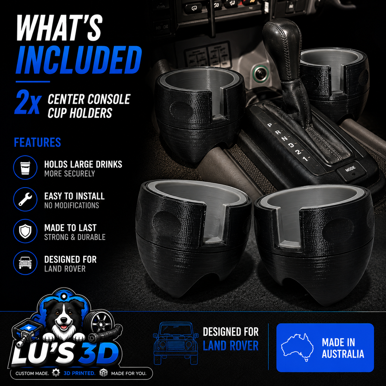 Two black textured center console cup holders shown in a car interior context with promotional text, including 'WHAT'S INCLUDED', '2X CENTER CONSOLE CUP HOLDERS', and 'DESIGNED FOR LAND ROVER' by LU'S 3D.
