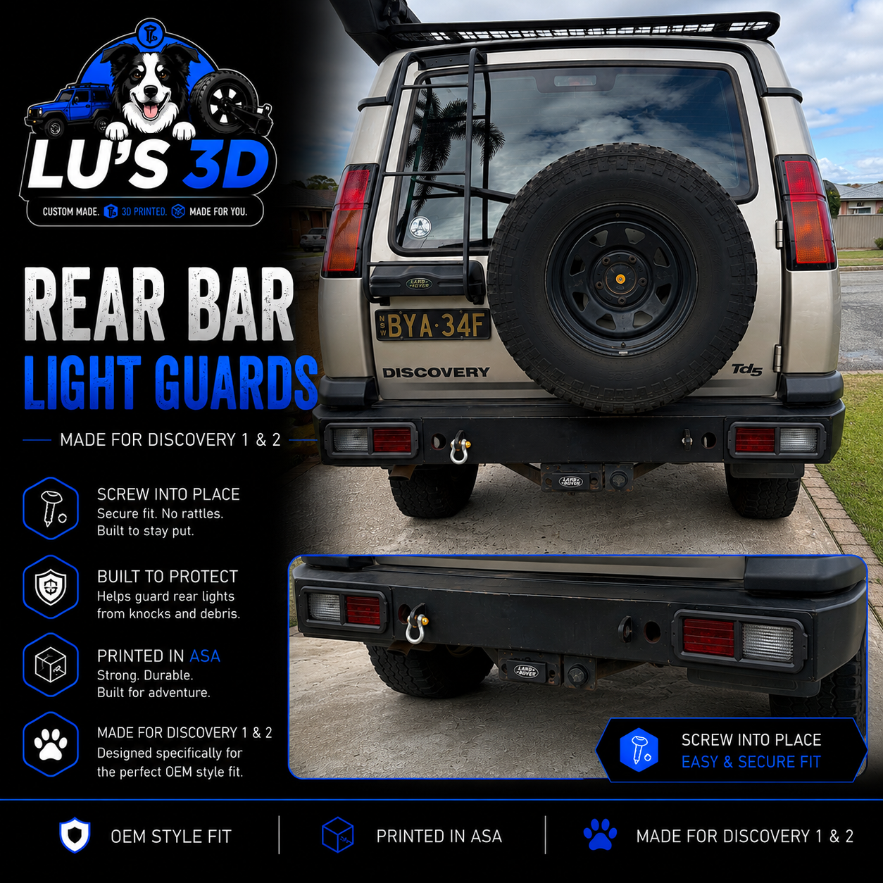 Rear bar light guards by Lu's 3D shown installed on the rear bumper of a beige Discovery 2, with a product inset showing the black metal guard pieces and marketing text on the left.