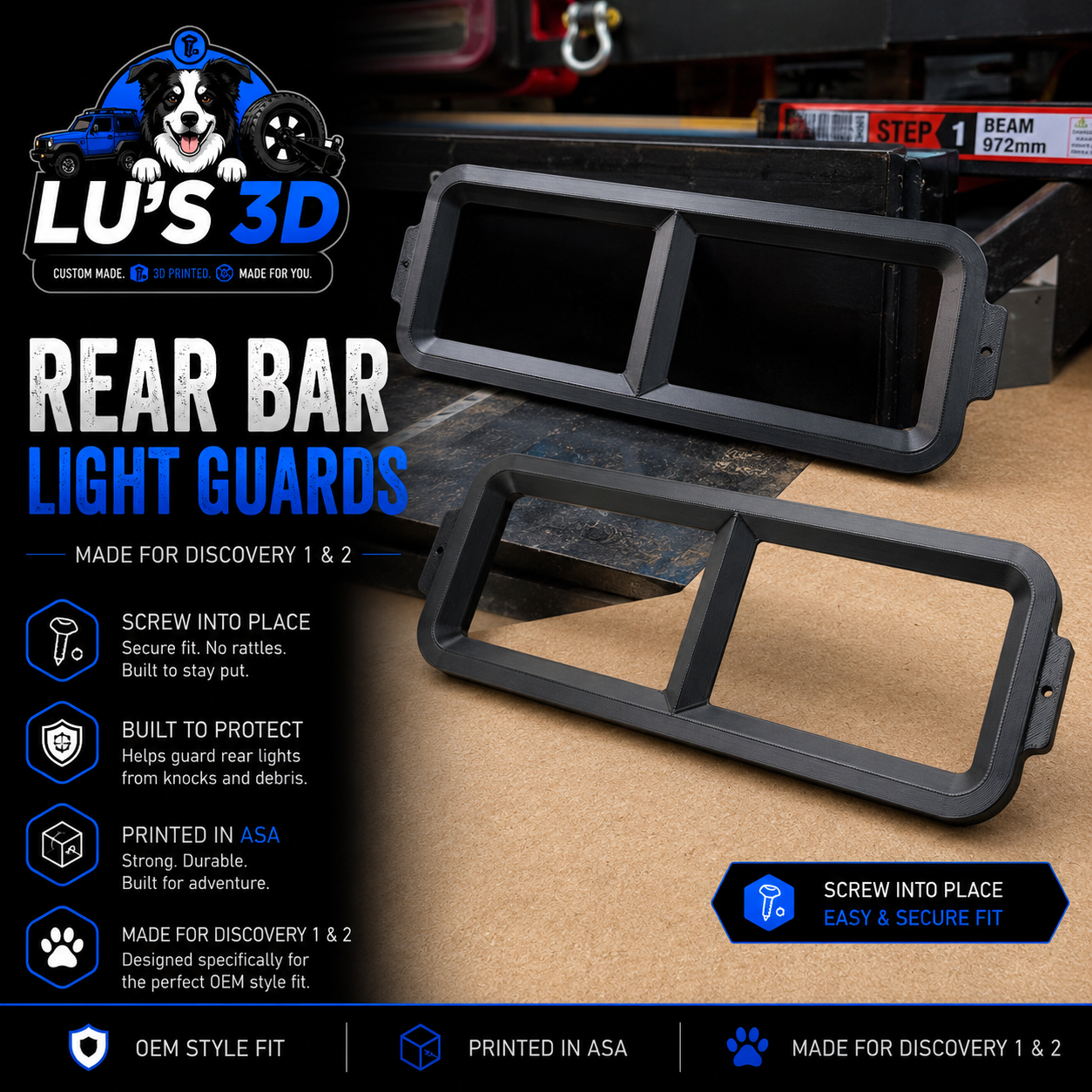 Two black plastic rear bar light guards for Discovery 1 & 2, displayed on a workbench with promotional text and the Lu's 3D logo.