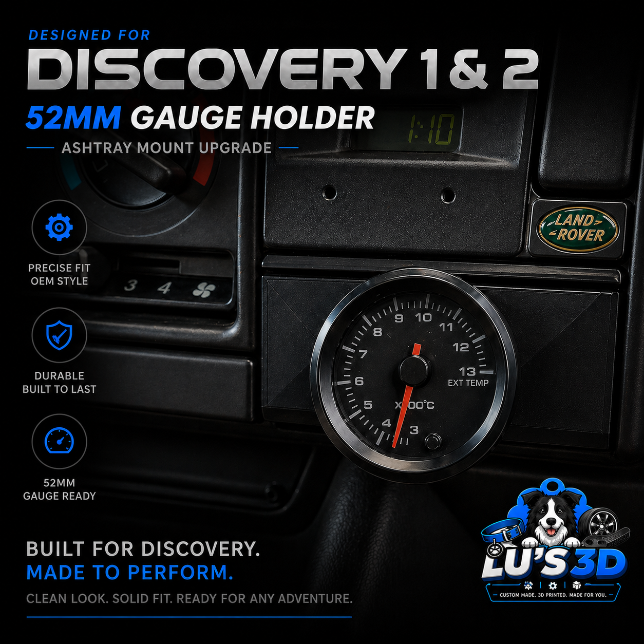 52mm gauge holder for Land Rover Discovery 1 & 2 with branding and product details.
