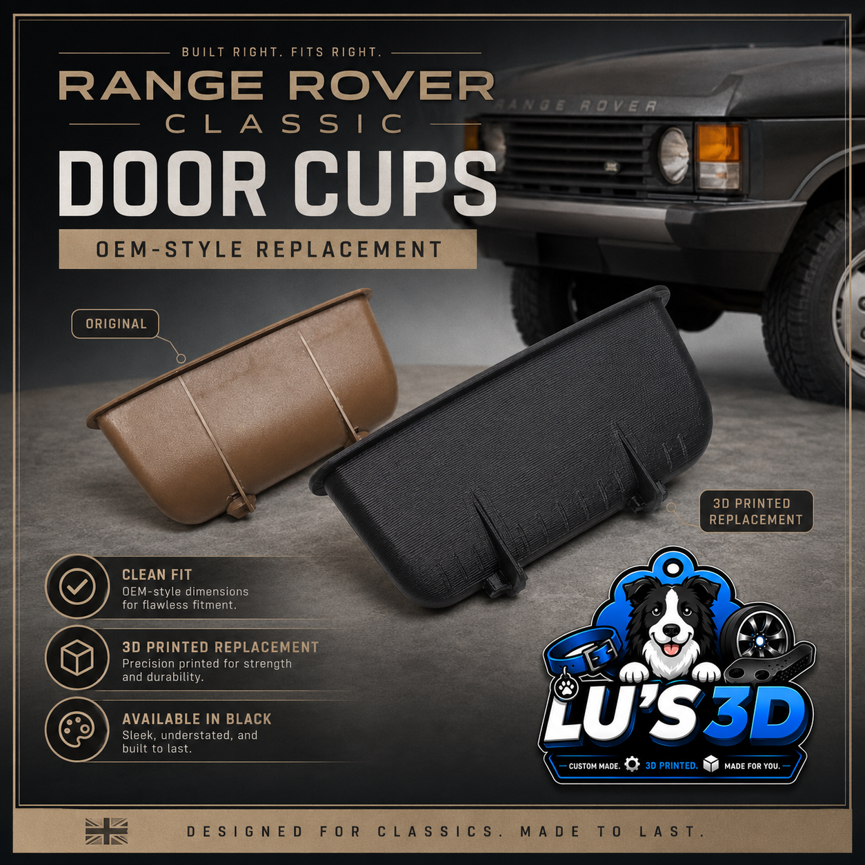 Range Rover Classic door cup replacement parts shown on a dark promotional graphic with a vehicle background. Two door cup inserts are displayed, one in tan/brown and one in black, with text reading 'Range Rover Classic Door Cups' and feature callouts.