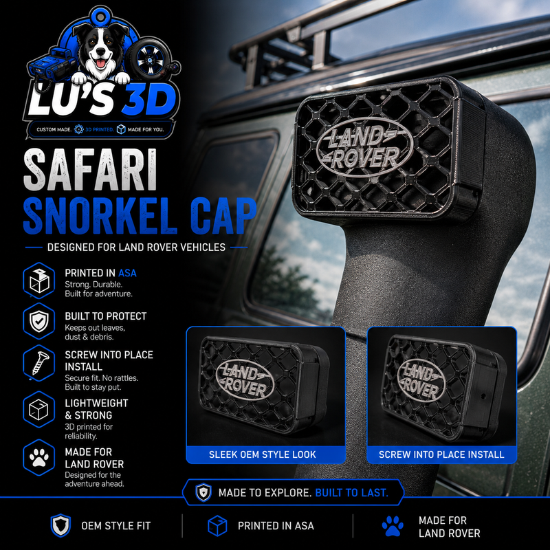 Lu's 3D Safari Snorkel Cap designed for Land Rover vehicles, shown installed on a vehicle's handbrake lever with product features and installation diagrams on a dark blue graphic background.