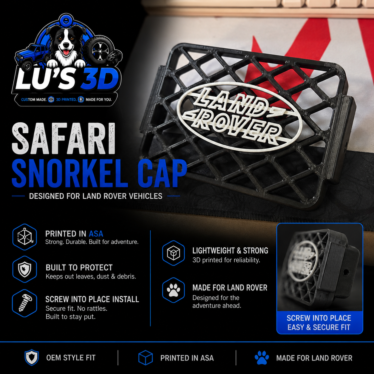 Black 3D-printed Safari Snorkel Cap designed for Land Rover vehicles, featuring a white Land Rover logo on the front. The image is a promotional graphic with product features, branding for 'Lu's 3D', and installation details.