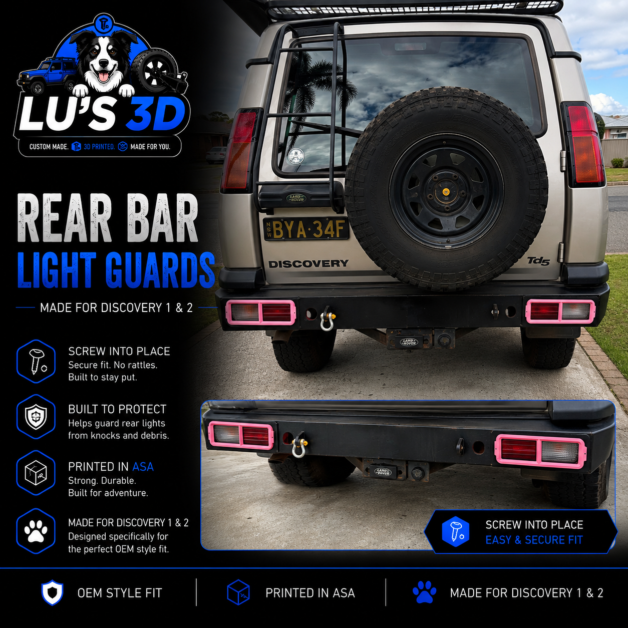 Rear bar light guards installed on the back of a Discovery 1 & 2 vehicle, shown from the rear with a black spare tire and a beige body. The product is highlighted in pink, with a black product render shown below.