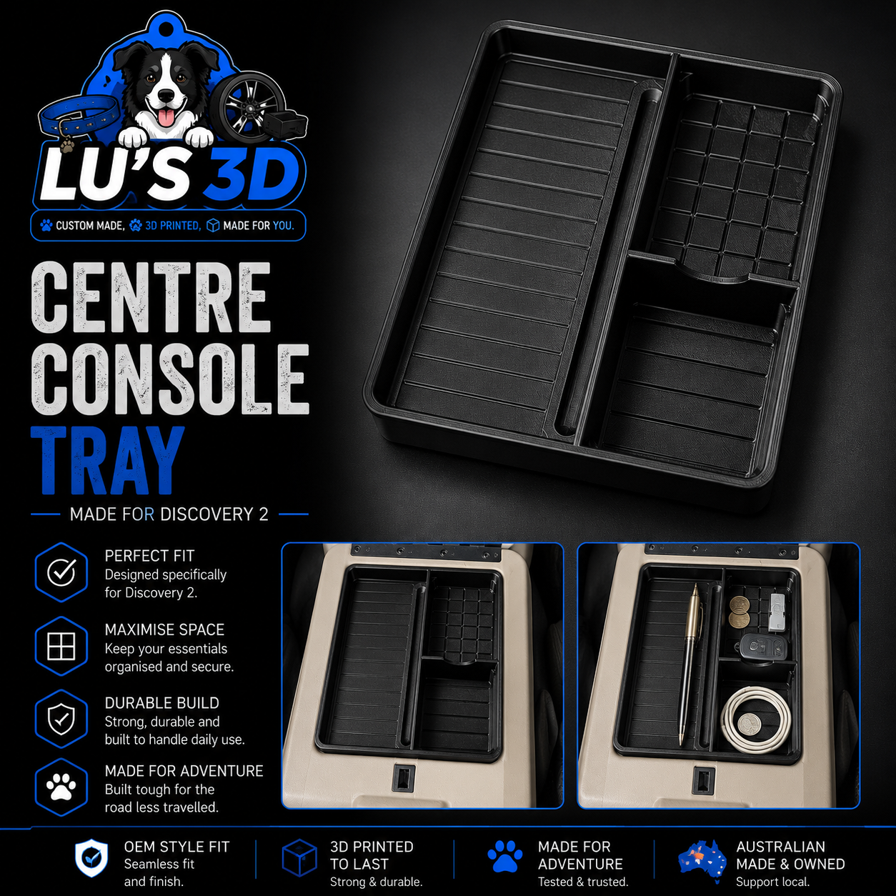 Black plastic centre console tray organizer shown on a dark background with product text, feature icons, and inset photos of the tray installed in a car console.