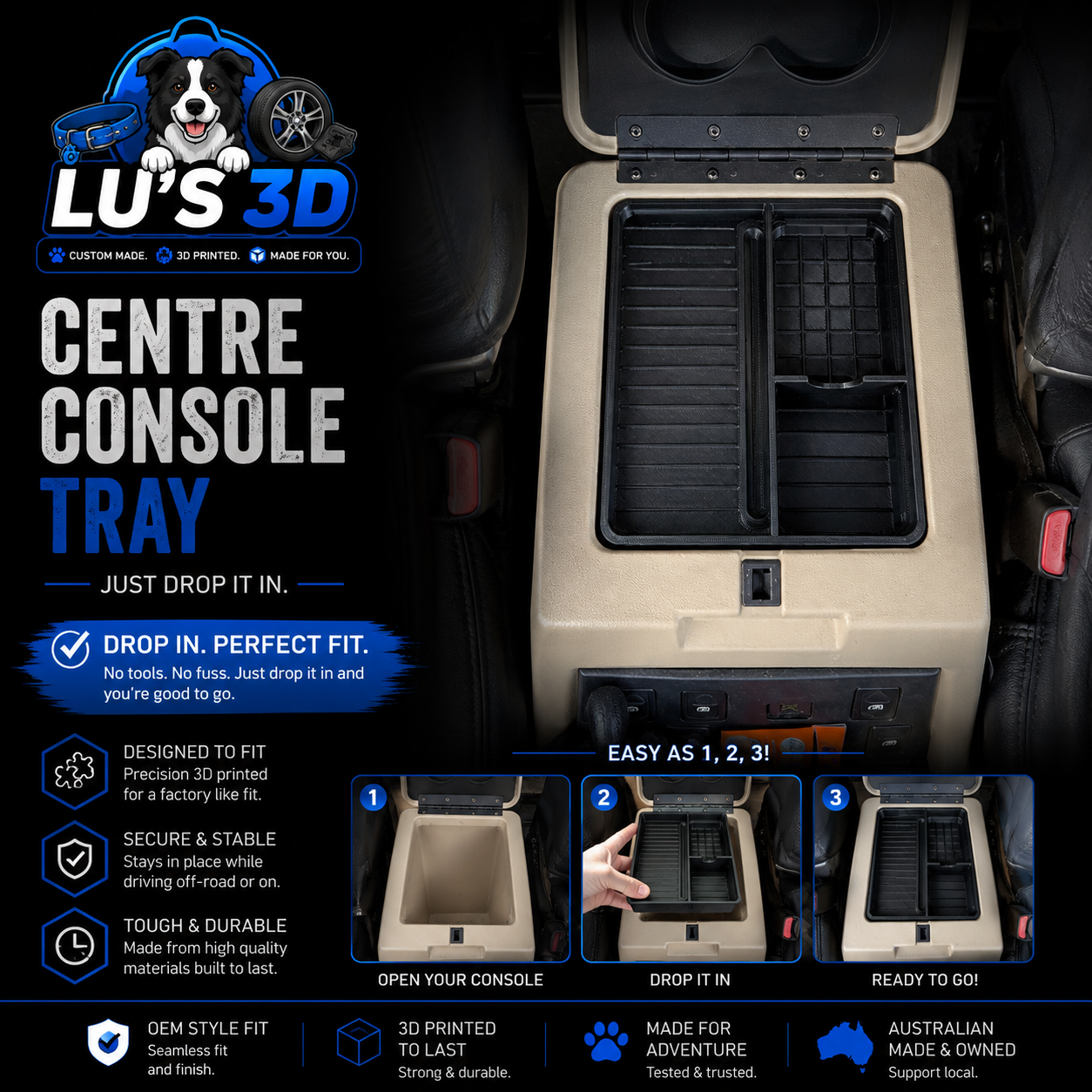 A promotional graphic for a car center console tray insert by LU'S 3D. The main image shows the open tray installed inside a beige center console, with cup holders above and storage compartments below.