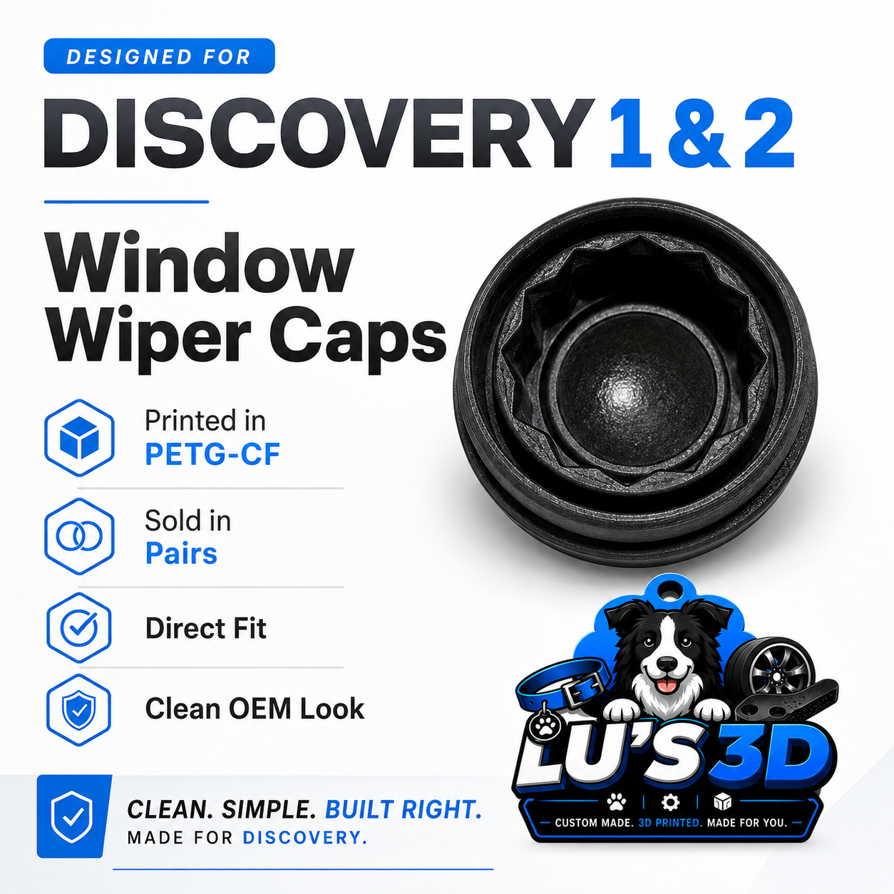 Window wiper cap with product details and Lu's 3D branding on a white background