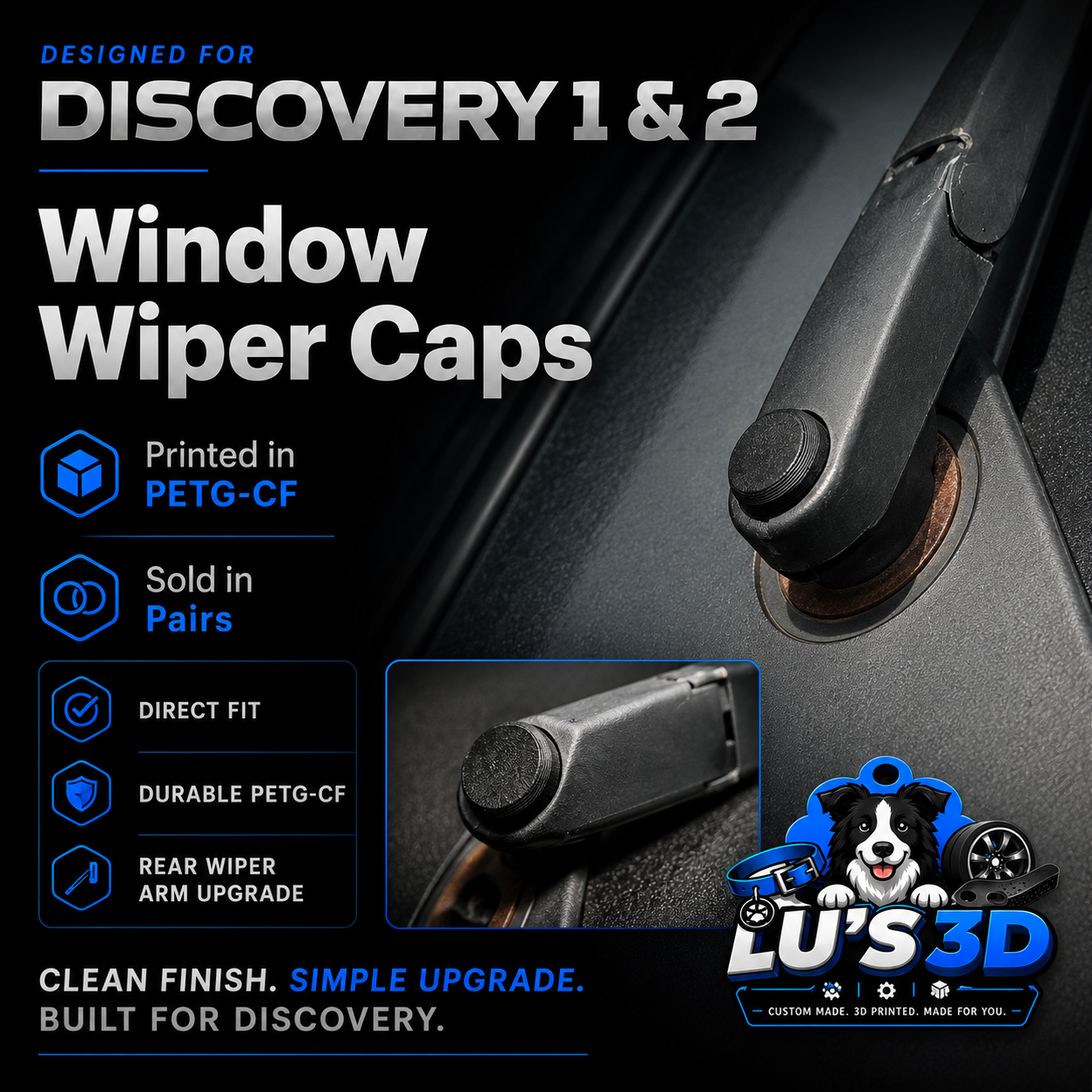 Window wiper cap for Discovery 1 & 2 with product details and Lu's 3D branding.